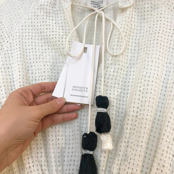 RARE Hemant & Nandita Embroidered Eyelet Tassled V Neck Cotton Mini Dress XS NWT - Picture 7 of 11